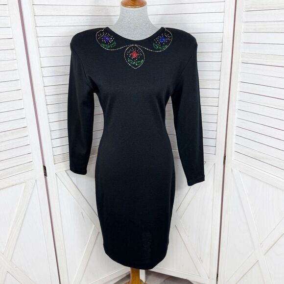 Vintage Liz Claiborne Sequin Beaded V Back Wool Blend Ponte Knit Dress Black 10P - Picture 1 of 13
